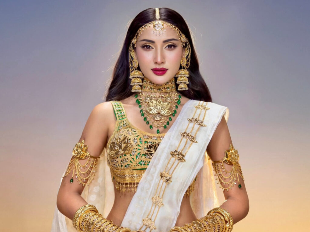 সাদা জামদানি শাড়ি ও শাপলা ফুলে নিজের দেশকে বিশ্বমঞ্চে তুলে ধরছেন মিথিলা